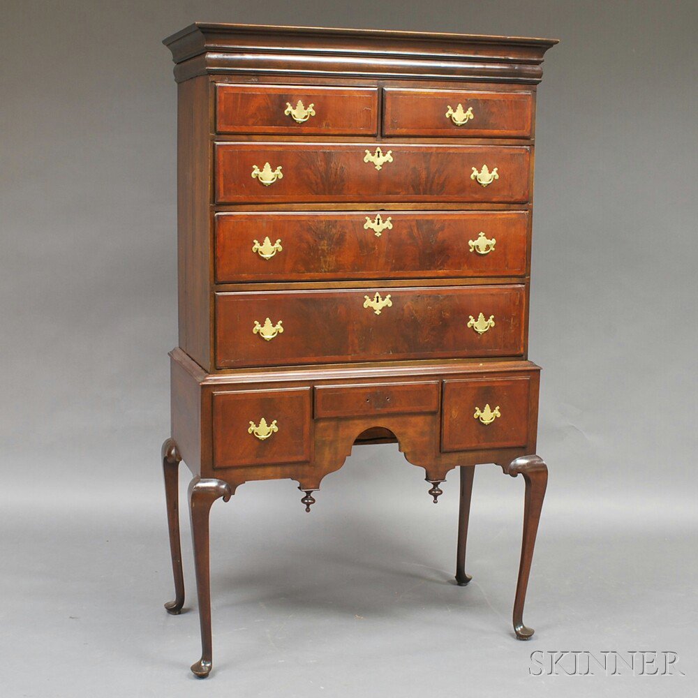 Appraisal: Queen Anne Figured Walnut Veneer Flat-top High Chest the upper