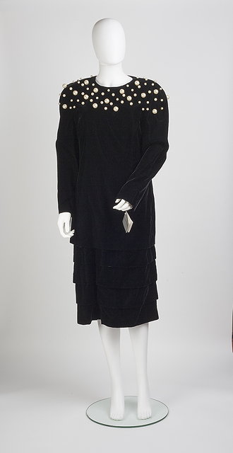 Appraisal: A Louis F raud black velvet dress with simulated pearl