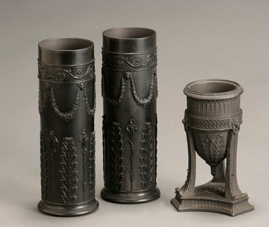 Appraisal: Pair of Wedgwood Black Basalt Cylindrical Vases and a Tripod