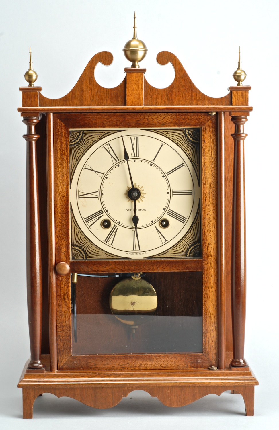 Appraisal: SETH THOMAS HALF-SIZE PILLAR SCROLL CLOCK in mahogany case Signed