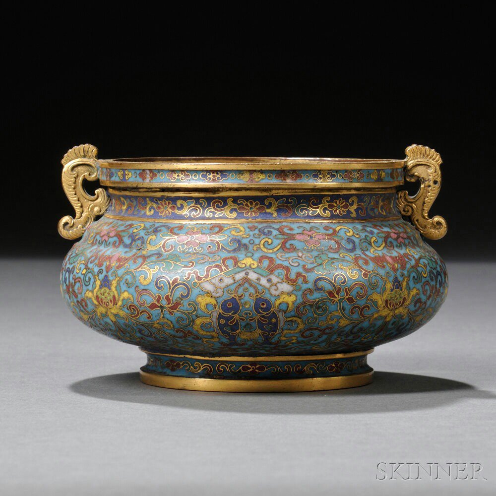 Appraisal: Cloisonne Censer China th century compressed globular form with animal-inspired