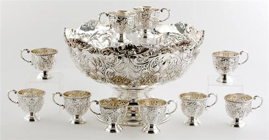 Appraisal: Silverplate punch set floral-chased deep bowl with scalloped rim H