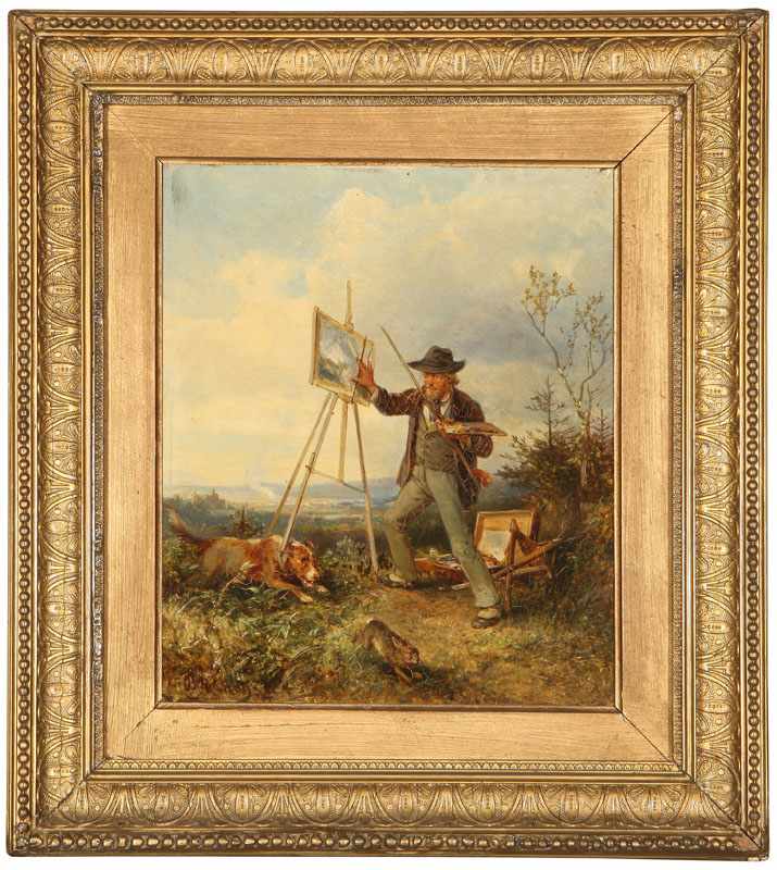 Appraisal: Artist at his Easel Outdoors Amid a Dog and Rabbit