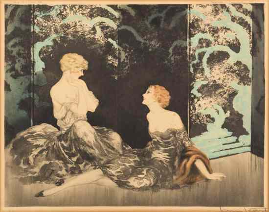 Appraisal: Louis Icart French - Two Ladies Reclining handcolored etching numbered