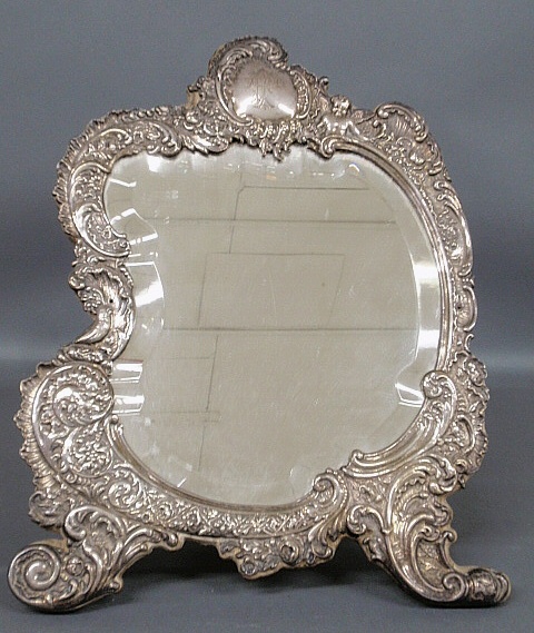 Appraisal: - Early English silver repouss dresser mirror with beveled mirror