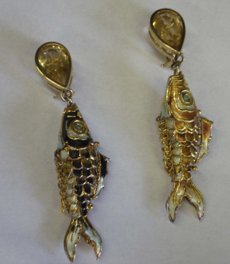 Appraisal: Pair of Fourteen-Karat Yellow Gold Citrine and Enamel Pendant Fish