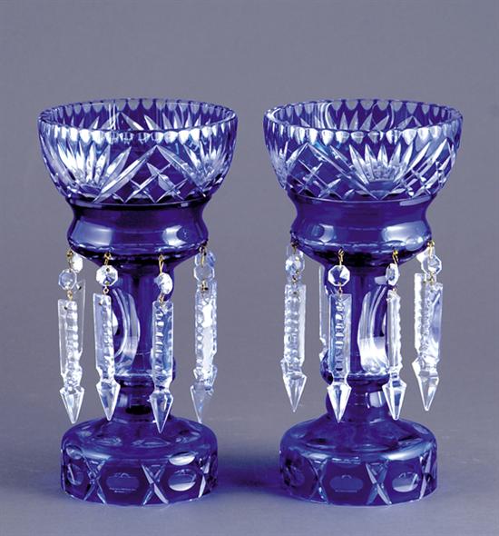 Appraisal: Pair cobalt glass lusters cobalt cut-to-clear with wheat pattern and