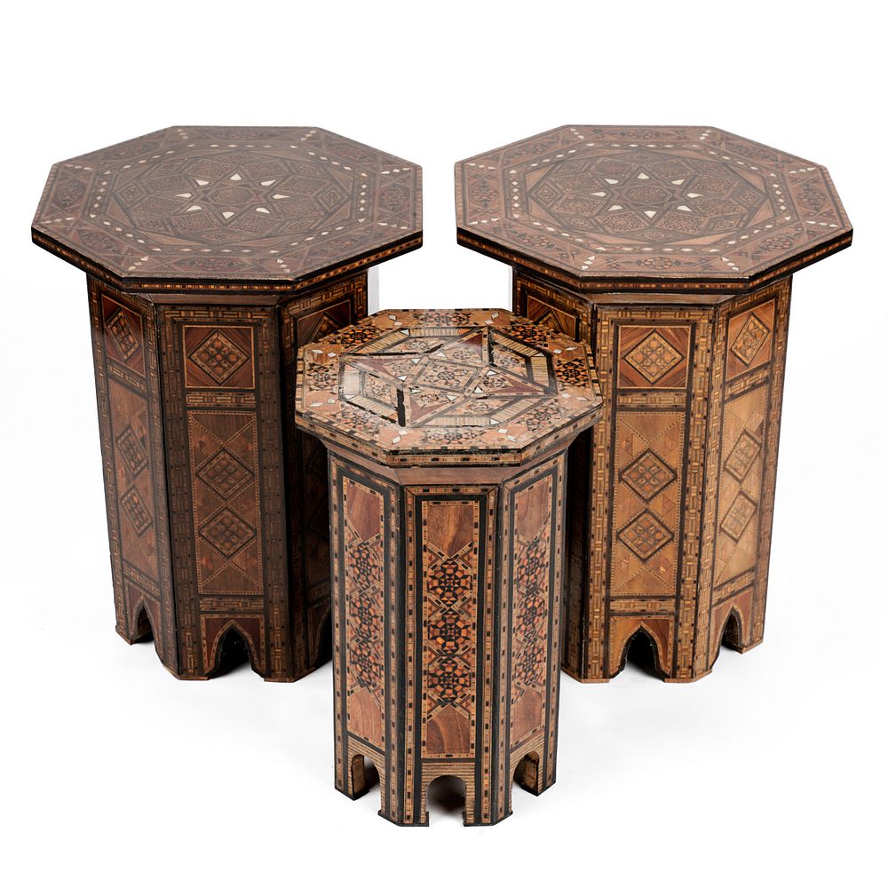 Appraisal: Grp th c Syrian Mother of Pearl Inlaid Side Tables