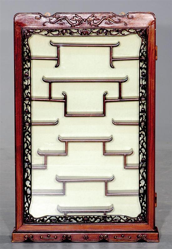 Appraisal: Chinese Chippendale style mahogany hanging display cabinet dovetailed case with