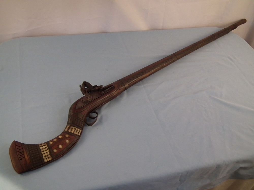 Appraisal: ANTIQUE CAMEL GUN Antique Middle Eastern inlaid camel long gun