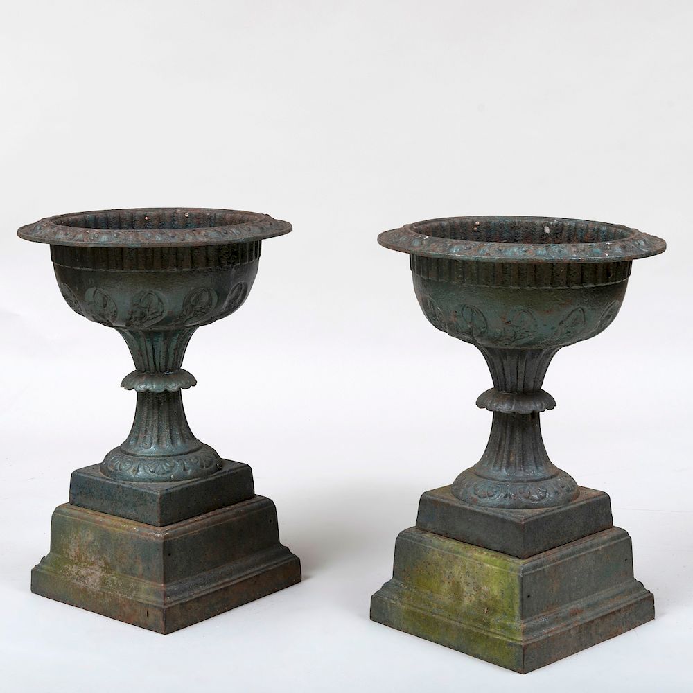 Appraisal: Pair of Kramer Bros Painted Cast Iron Garden Urns Dayton