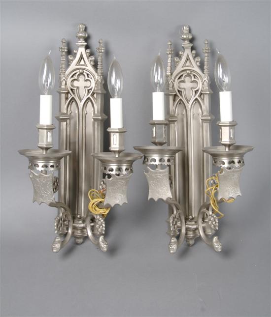 Appraisal: A Pair of Gothic Style Two-Light Pewter Sconces Height inches