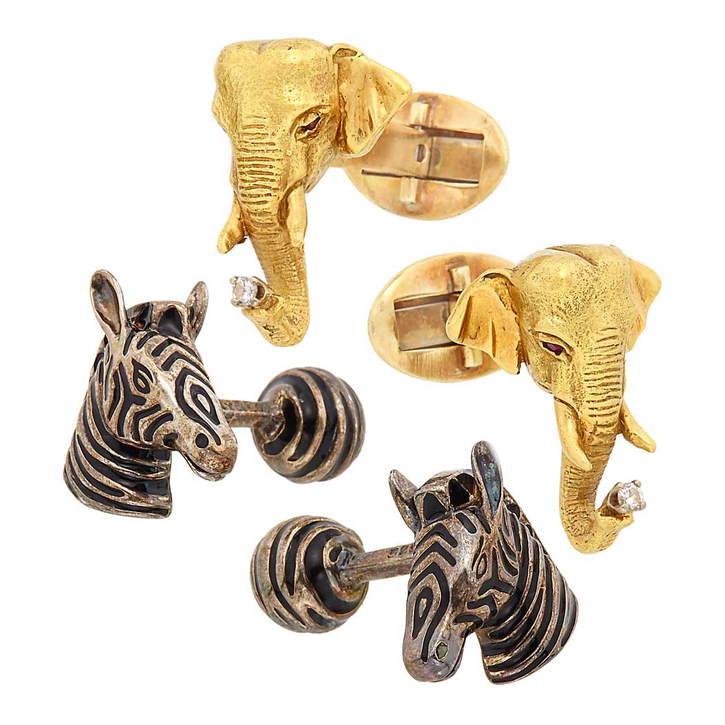 Appraisal: Pair of Gold and Diamond Elephant Head Cufflinks and Pair