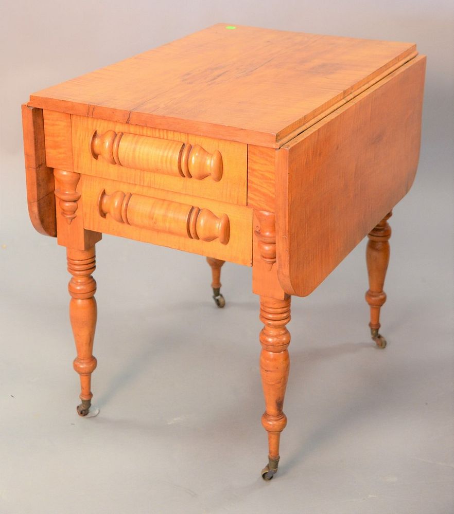 Appraisal: Tiger maple sheraton stand with drop leaves and two drawers