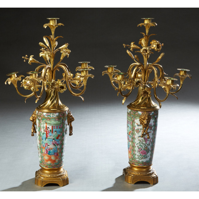 Appraisal: Pair of Chinese Famille Rose Porcelain and Gilt Bronze Six