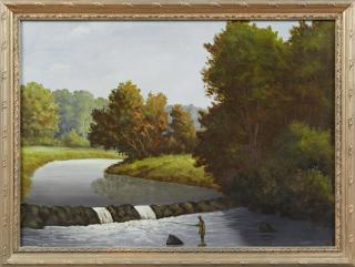 Appraisal: English School Fisherman Below the Falls th c oil on