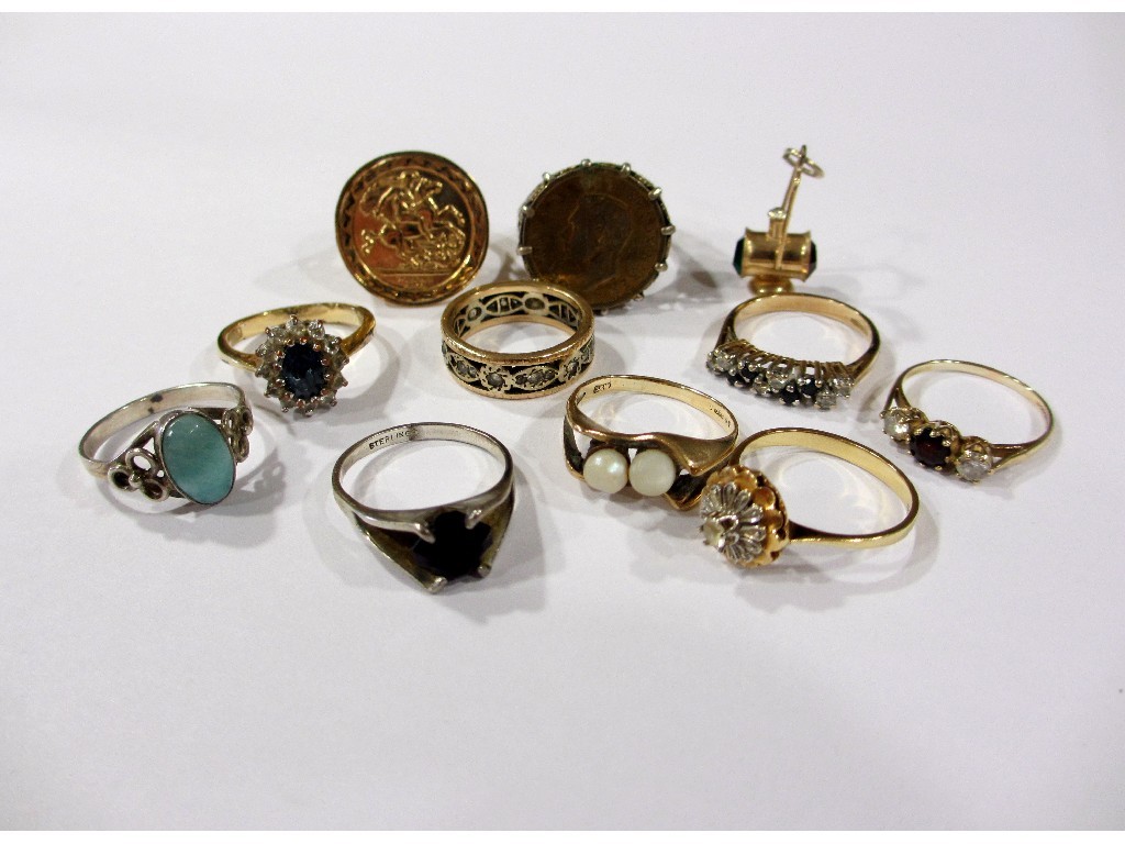 Appraisal: Six gold gem set dress rings four metal rings and