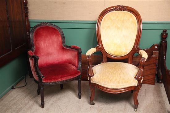 Appraisal: TWO ARMCHAIRS A carved gentlaman's chair with yellow upholstery ''