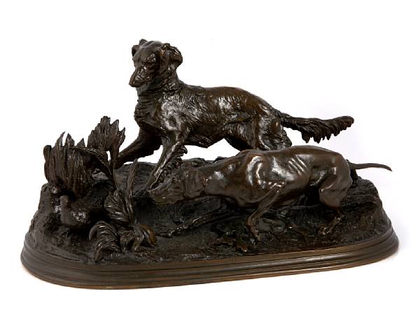 Appraisal: A patinated bronze figural group Chasse a la perdrix cast