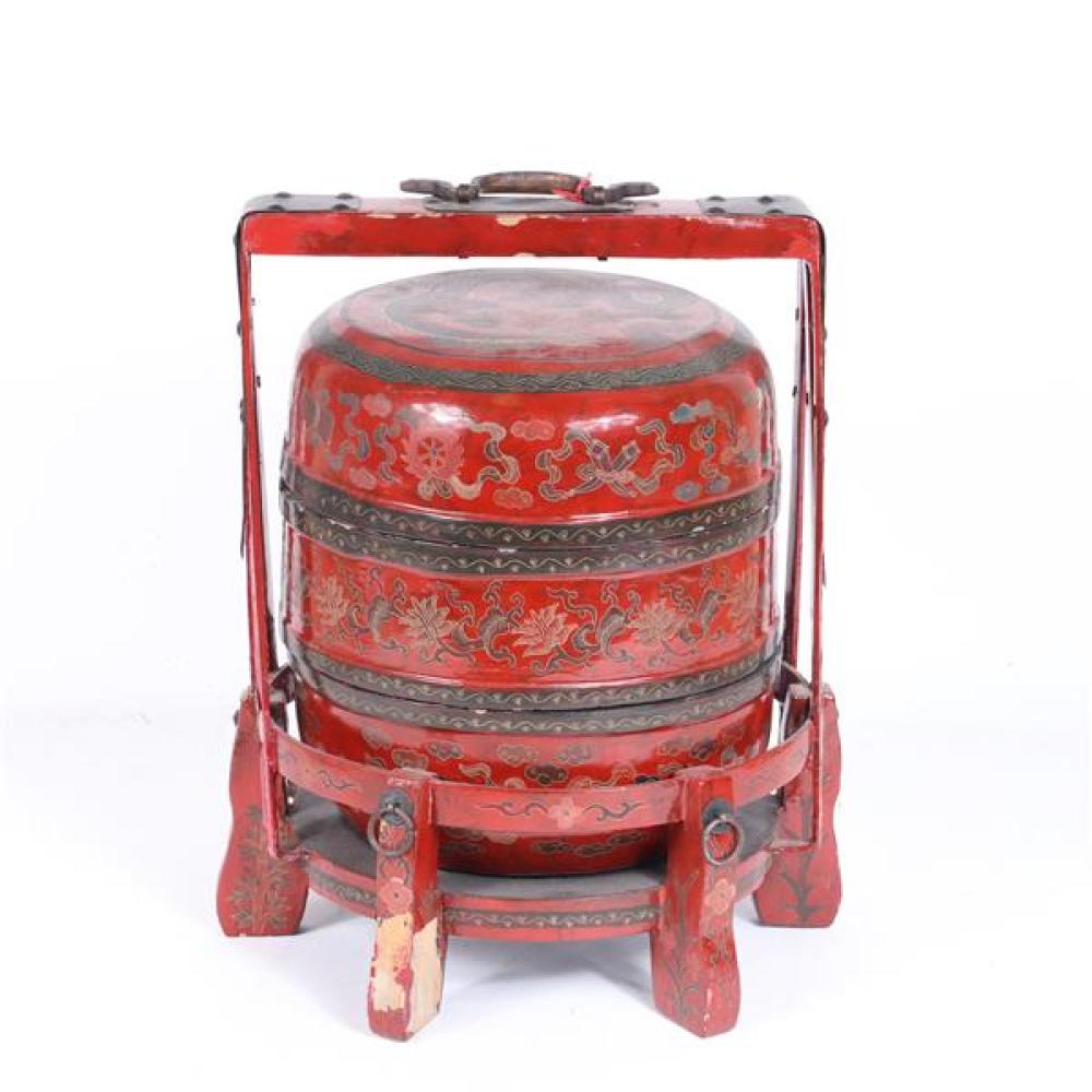 Appraisal: CHINESE RED LACQUERED AND POLYCHROME THREE STACK FOOD STORAGE CARRYING