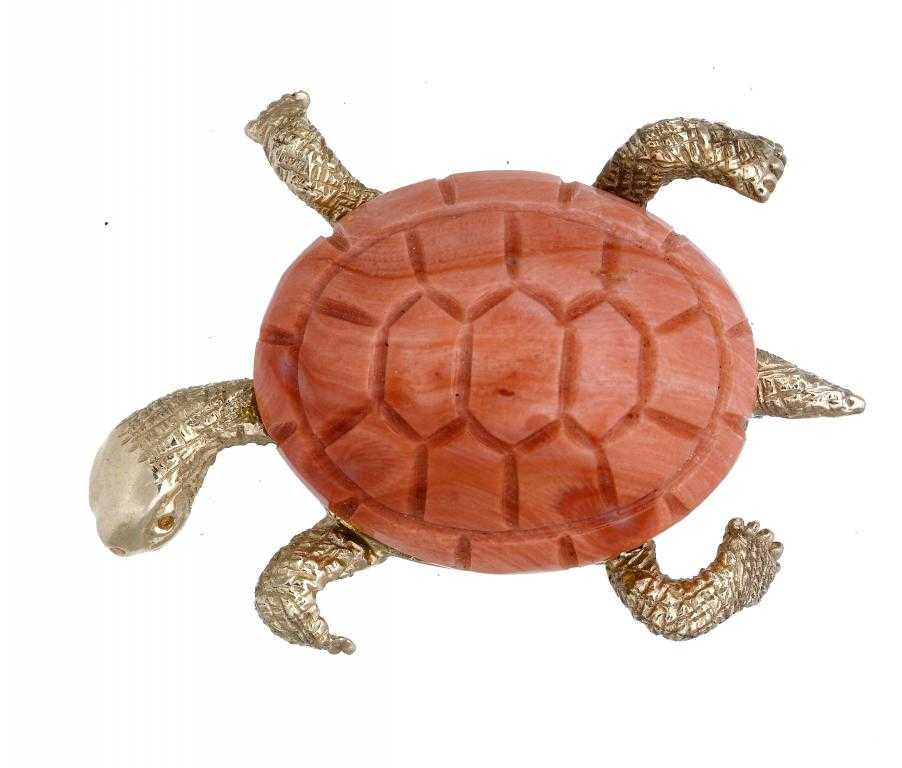 Appraisal: A GOLD AND CORAL TORTOISE BROOCH realistically textured the carapace