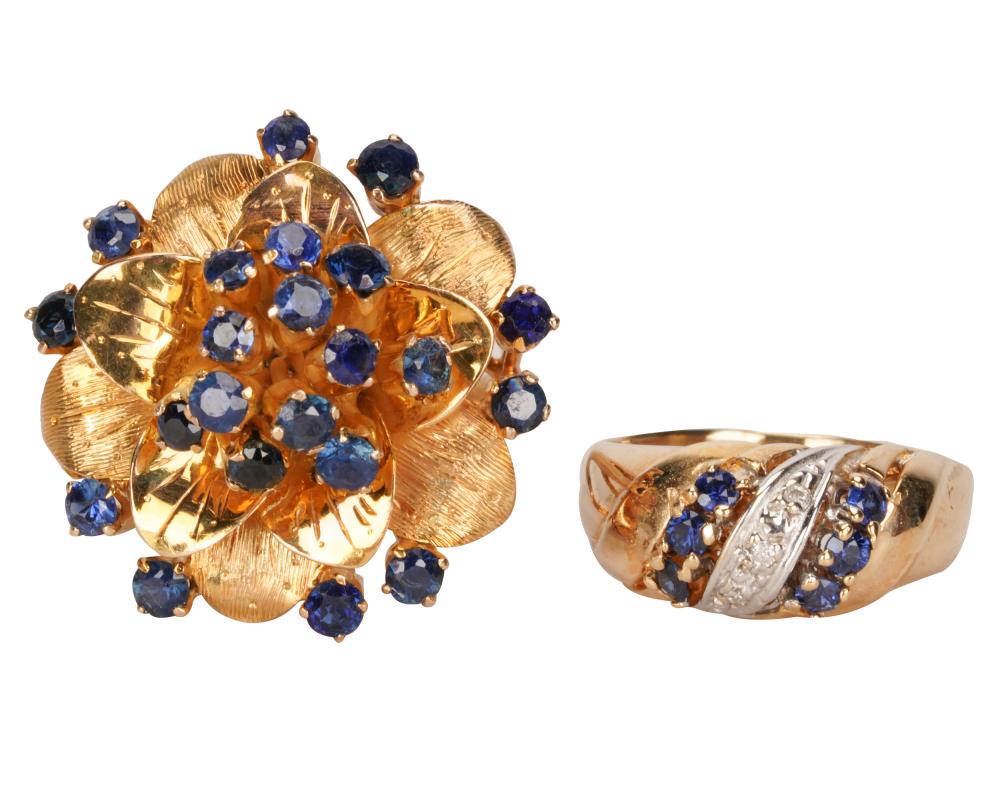 Appraisal: TWO KARAT YELLOW GOLD SAPPHIRE RINGSthe floral cluster-style ring containing