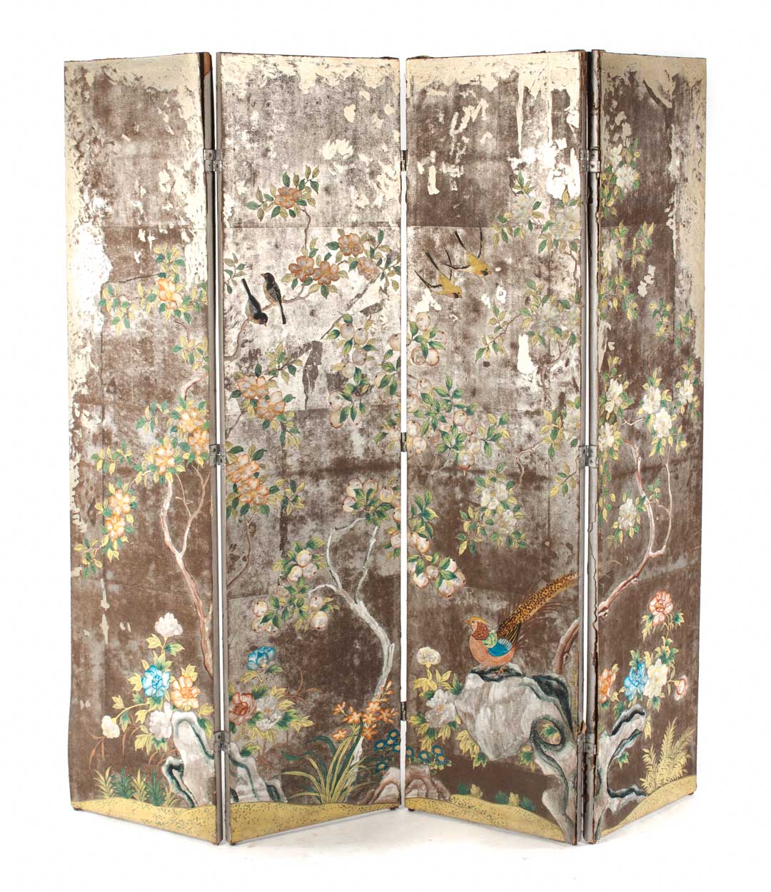 Appraisal: Chinese four-panel screen th century watercolor on cardboard birds in