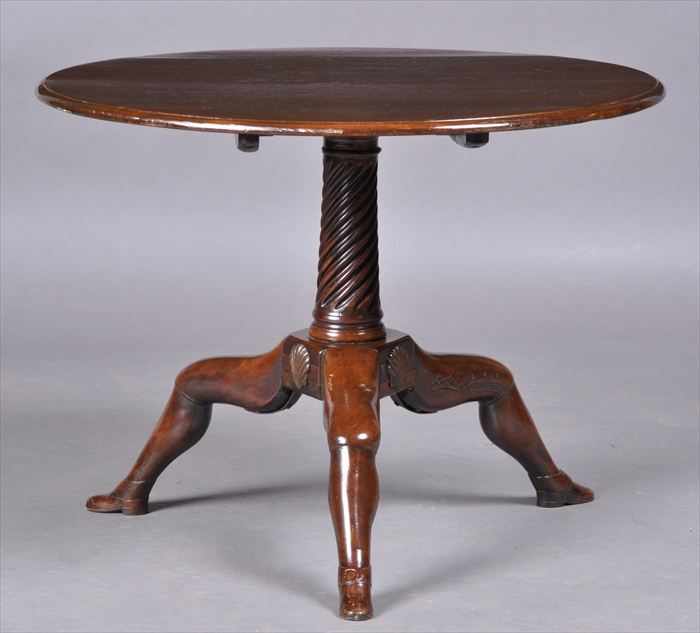 Appraisal: GEORGE III CARVED MAHOGANY MANX TRIPOD TABLE The plain tilting