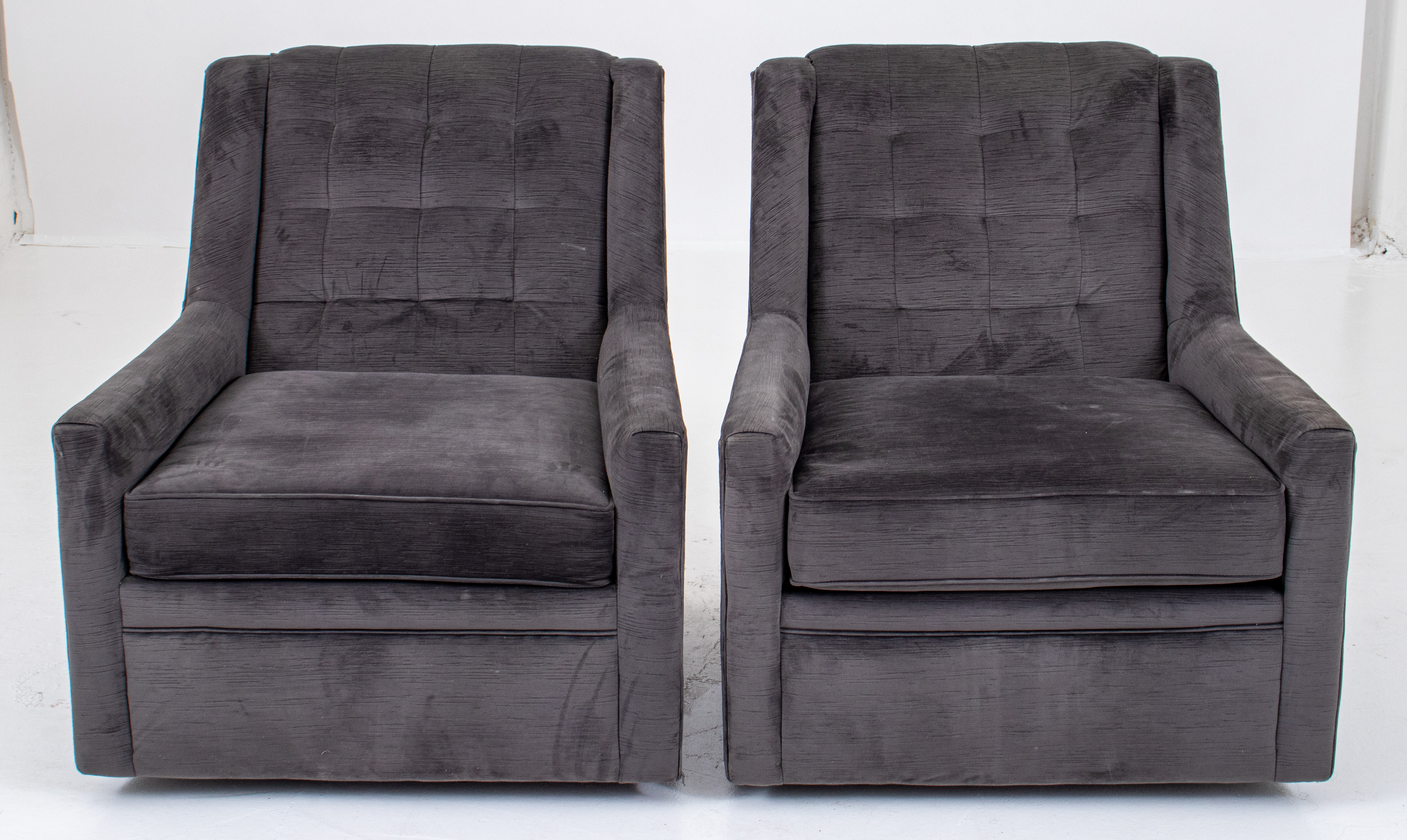 Appraisal: MODERN GRAY UPHOLSTERED SWIVEL ARMCHAIRS Square form upholstered armchairs two