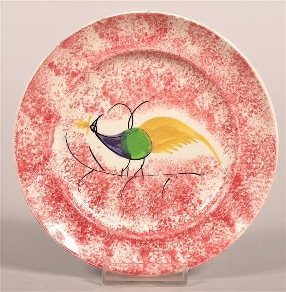 Appraisal: Red Spatter Peafowl Pattern Plate Red Spatter Peafowl Pattern Plate