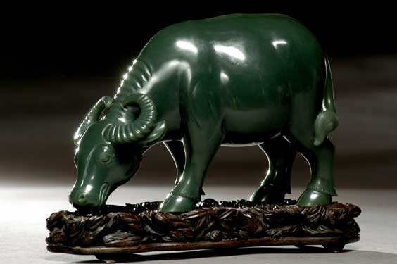 Appraisal: SPINACH GREEN JADE BUFFALO Chinese carved bright spinach green jade