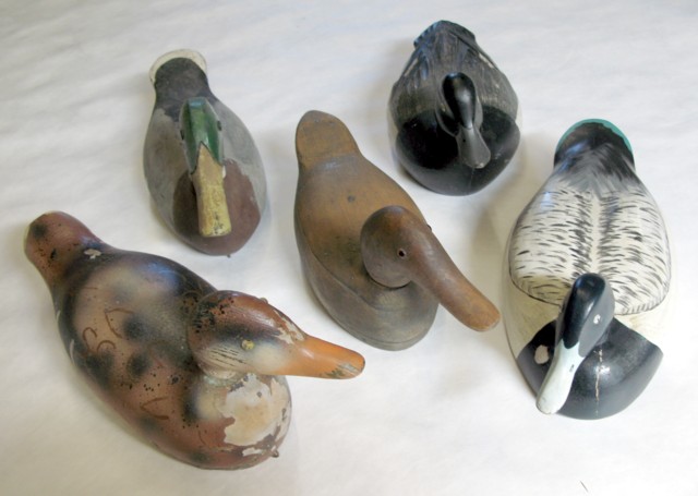 Appraisal: LOT OF FIVE CARVED WOOD DUCK DECOYS all with glass