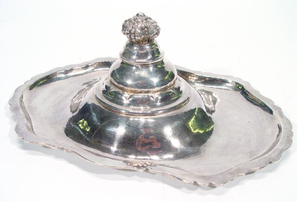 Appraisal: Continental shaped silver desk stand with domed inkwell and crown