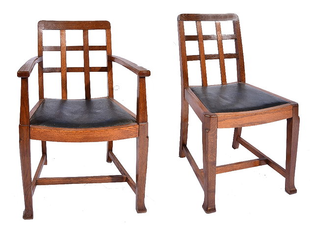 Appraisal: Set of six Heals oak Cotswold style chairscirca two carvers