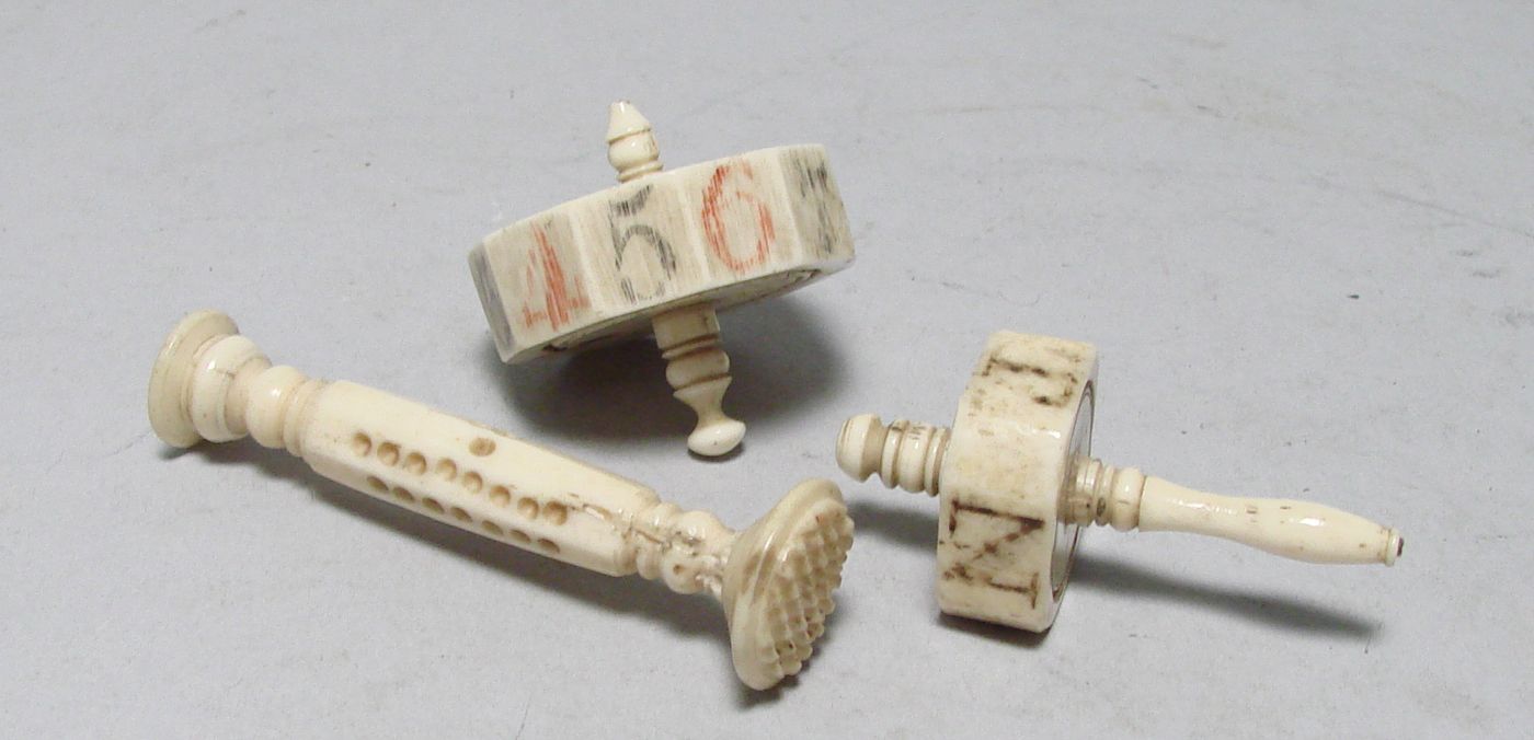 Appraisal: THREE WHALEBONE ITEMS th CenturySquare-form gaming wheel with letters polygon-form