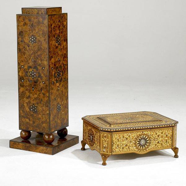 Appraisal: DECORATIVE Pedestal with exotic wood inlays together with a lift-top