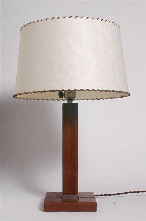 Appraisal: FRENCH TABLE LAMP circa for Le Tanneur Brown leather H