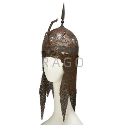 Appraisal: KULAH KHUD PERSIAN SPIKED HELMET Gold inlay chain skirting th