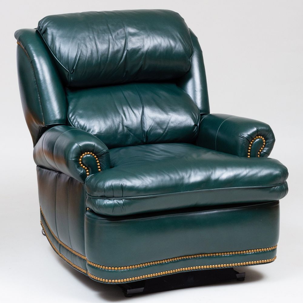 Appraisal: Green Leather Reclining Armchair Fitted for electricity Scully Scully NY