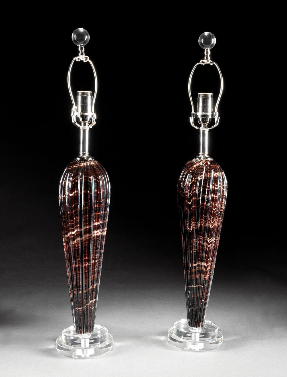 Appraisal: Pair of Contemporary Murano Glass Lamps Swank Lighting ribbed tapered