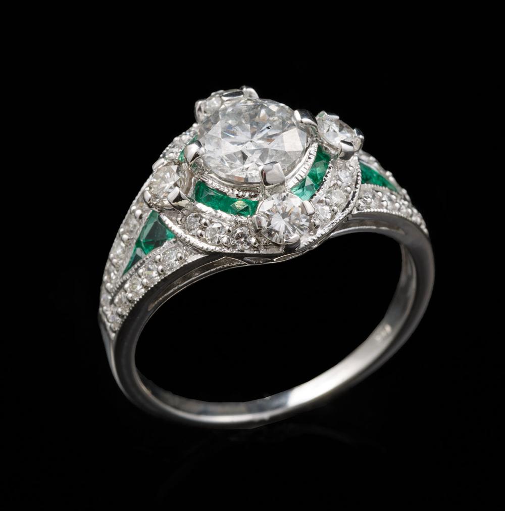 Appraisal: Art Deco-Style kt White Gold Diamond and Emerald Ring center