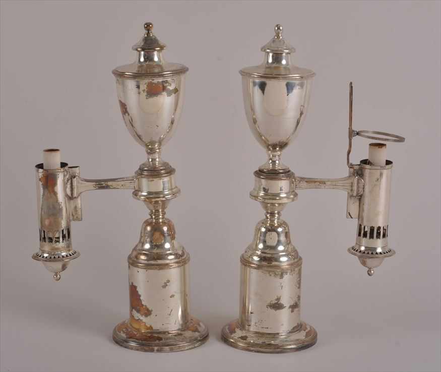 Appraisal: PAIR OF SHEFFIELD PLATE SINGLE-LIGHT ARGAND LAMPS Each drum-form pedestal