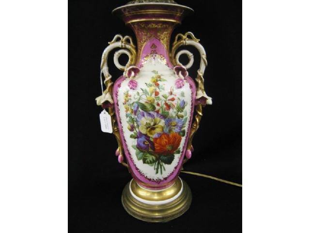 Appraisal: Old Paris Porcelain Table Lamp handpainted floral flowering vine handles