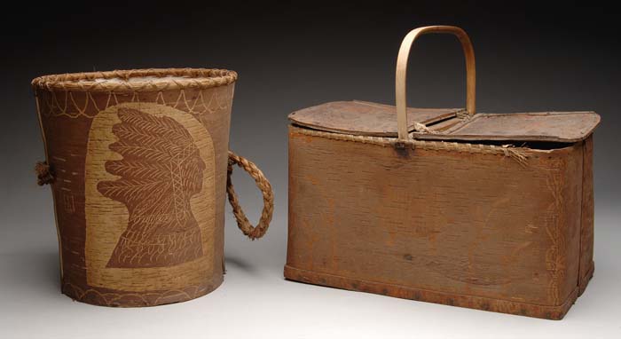 Appraisal: TWO DECORATED BIRCH BARK BASKETS h x dia waste basket