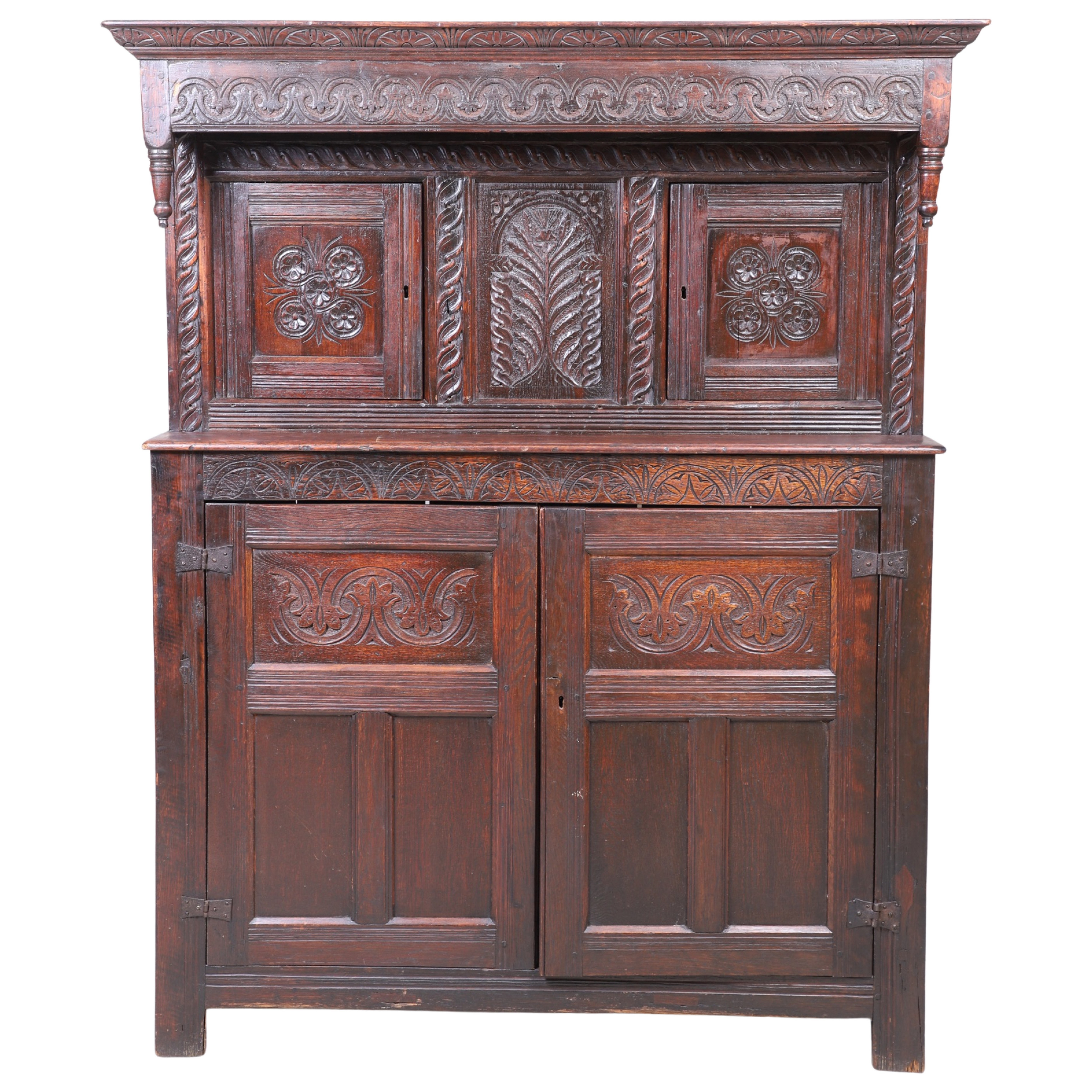 Appraisal: Carved Oak Jacobean Court Cupboard in parts English carved -pc