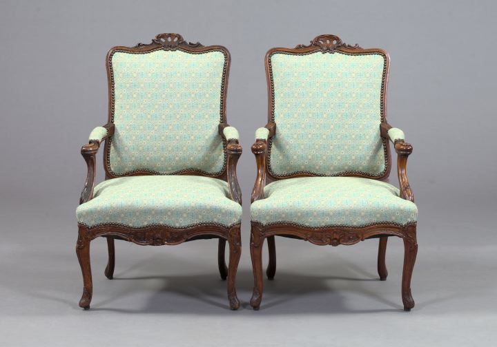 Appraisal: Pair of Louis XV-Style Fruitwood Fauteuils fourth quarter th century