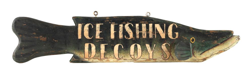 Appraisal: DOUBLE-SIDED PAINTED WOODEN TRADE SIGN ICE FISHING DECOYS CONTEMPORARY LENGTH