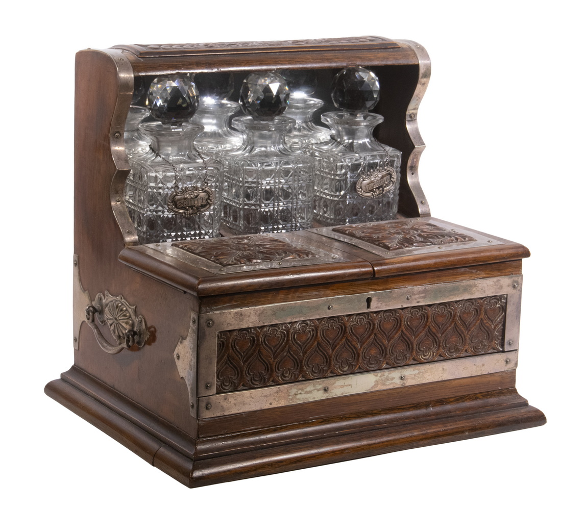 Appraisal: OAK CADDY WITH CUT CRYSTAL DECANTERS Portable Liquor Caddy with