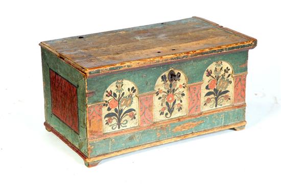 Appraisal: SMALL DECORATED BLANKET CHEST European late th century pine Three