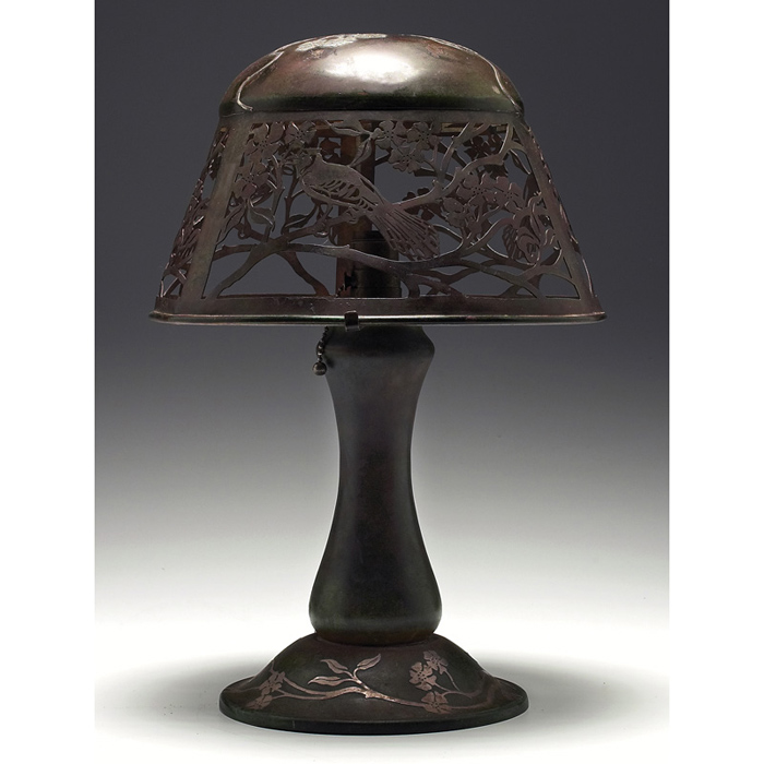 Appraisal: Heintz lamp sterling on bronze shade with cut-out bird designs